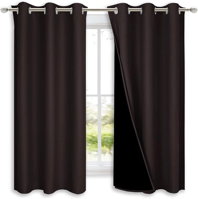 NICETOWN Complete 100% Blackout Curtains, Thermal Insulated & Energy Efficiency Window Draperies with Black Liner, Noise Reducing Short Curtains for Kids Room (Brown, 42-inch W by 63-inch L, 2 Panels)