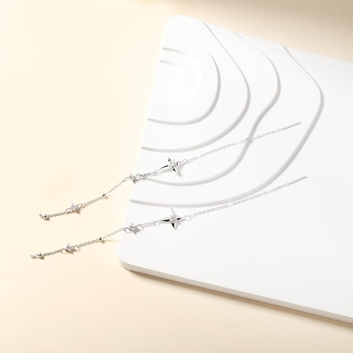 Moissanite Threader Earrings for Women - 925 Sterling Silver 0.6CT 3.0mm Moissanite Dangle Drop Earrings Long Chain Earrings Jewelry Gifts