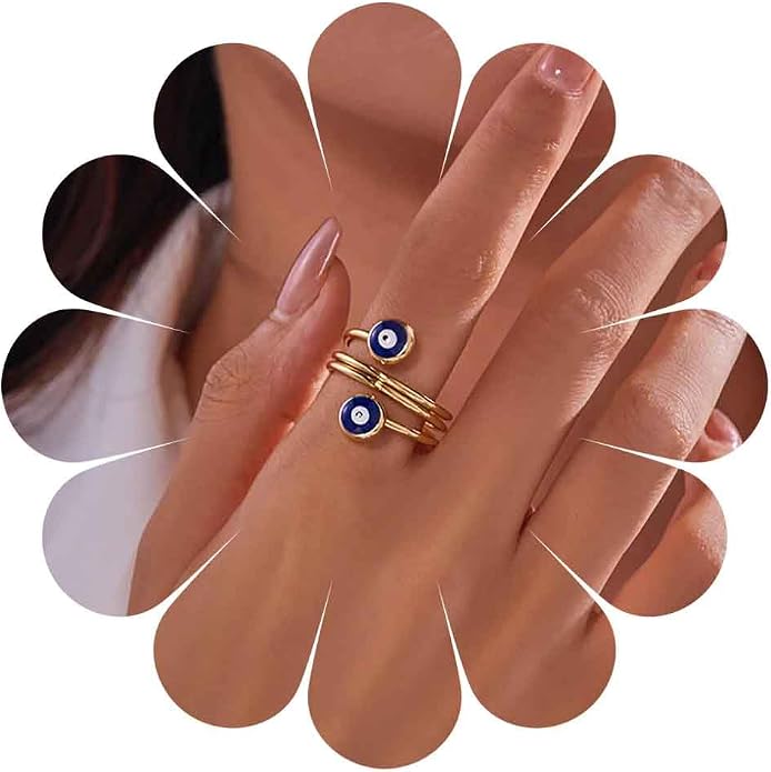 Boho Evil Eye Rings Adjustable Open Wrap Ring Blue Eye Turkish Rings Vintage Open Knuckle Finger Ring Jewelry for Women