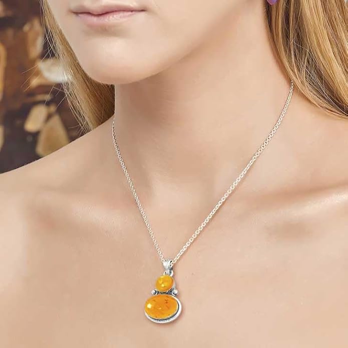 Handmade Genuine 925 Sterling Silver Pendant Necklace Natural Gemstone Crystal, Lapis, Onyx, Amber Oval Round Boho Jewelry For Women