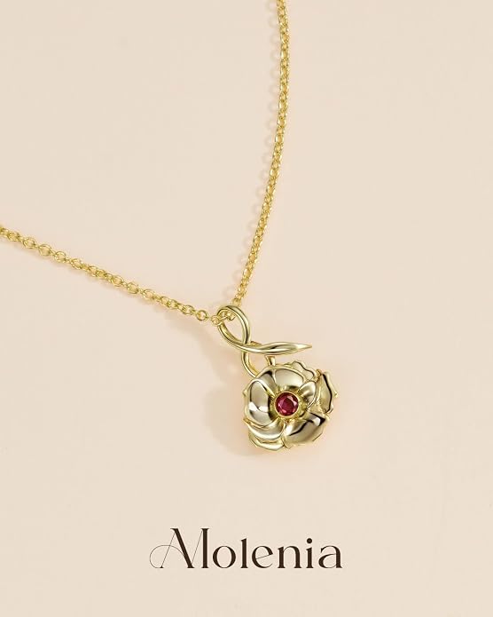 Birth Flower Birthstone Necklace for Women: Solid 925 Sterling Silver 14K Gold Plated Hypoallergenic Non-tarnish, Birth Month Flower Necklace Personalized Birthday Gifts for Wife Girlfriend Daughter