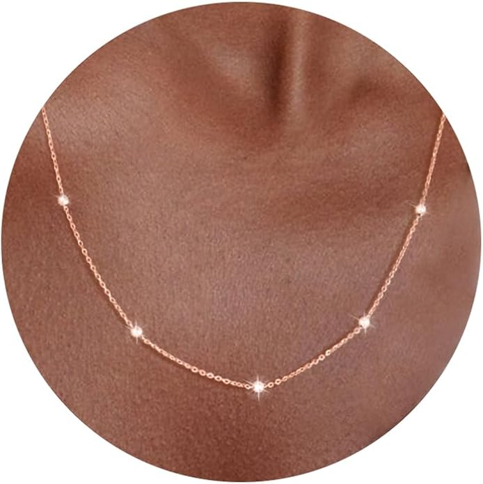 Carffordo 925 Sterling Silver Chain Necklace 16K Gold Plated Beaded Chain Necklace for Women Simple Dainty Choker Necklace Satellite Waterproof Link Necklace Trendy Jewelry Gifts