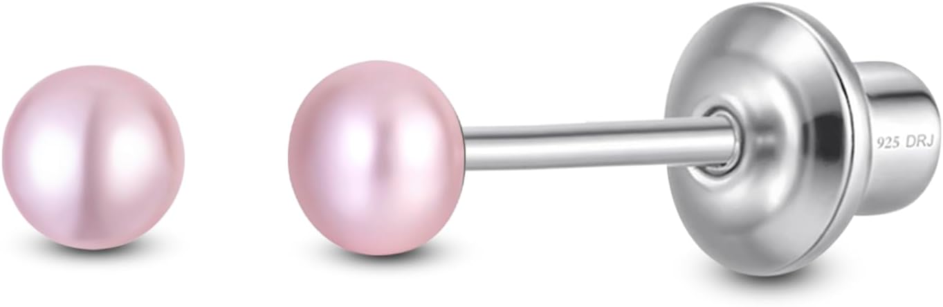 Pearl Screw Back Stud Earrings for Baby, Toddler, Girls | Hypoallergenic 925 Sterling Silver Screwback Safety Earrings | Simulated Pearl Studs for Sensitive Ears | Keepsake Gift for Birthdays Holidays Special Occasions
