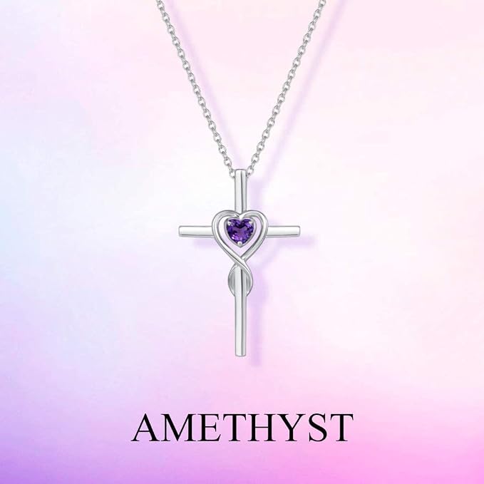 FANCIME Birthstone Cross Necklace for Women Birthstone Necklace Heart Infinity Cross Pendant Necklace Fine Jewelry Christmas Birthday Holiday Gifts for Her, 16"+2" Inches