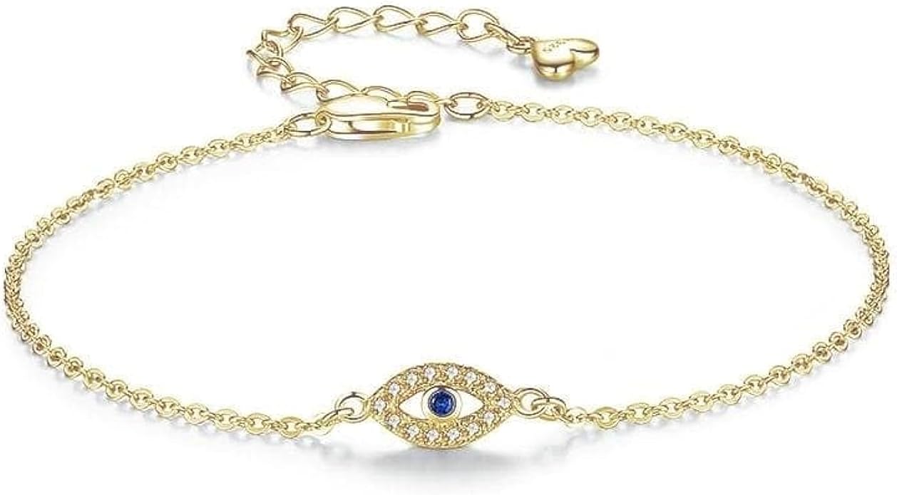Evil Eye Bracelet, 925 Sterling Silver Adjustable Dainty Turkish Evil Eye AAA Cubic Zirconia Jewelry for Women