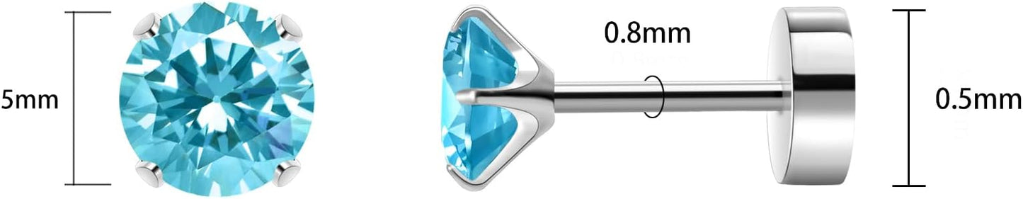 Titanium Earrings for Women Stud Earrings Cubic Zirconia Dainty Screw Flat Back Hypoallergenic Earrings for Women for Multiple Cartilage Helix Conch Tragus Piercing Jewelry for Sensitive Ears