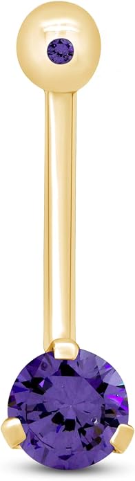 AFFY Internally Threaded Belly Button Navel Ring for Women, Three-Prong Round Simulated Birthstone in 14K Gold Over 925 Sterling Silver, Body Piercing Jewelry Gift