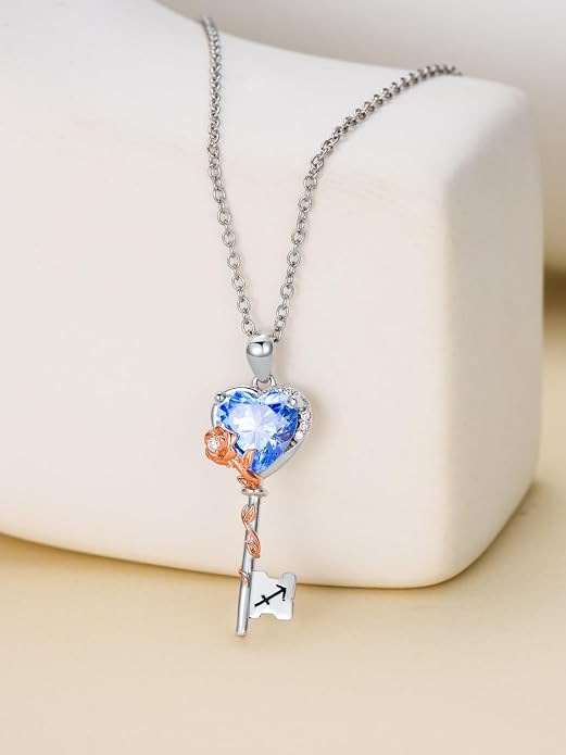 OCJ Zodiac Necklace for Women 925 Sterling Silver Rose Flower Key Pendant Necklaces Zodiac Birthstone Jewelry Wife Birthday Anniversary Christmas Gifts for Her