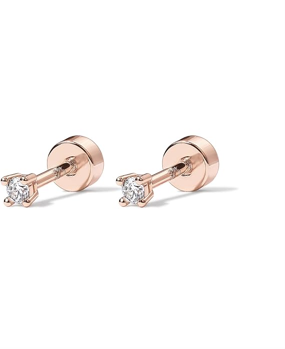 PAVOI 14K Gold Plated Solid 925 Sterling Silver Post Cubic Zirconia Stud Flat Back Earrings for Women | Cartilage Earring | Helix Piercing Jewelry | Small Stud Earrings for Women