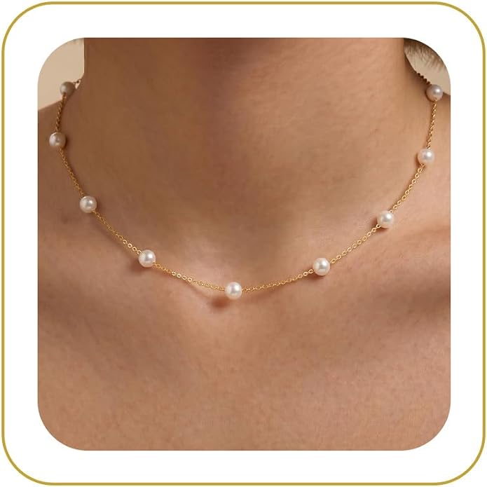Tewiky Gold Chain Necklace for Women, 14k Gold Plated Thin Beaded Wave Box Necklace Dainty Simple Layered Choker Minimalist Link Chain Necklace Trendy Jewelry for Women