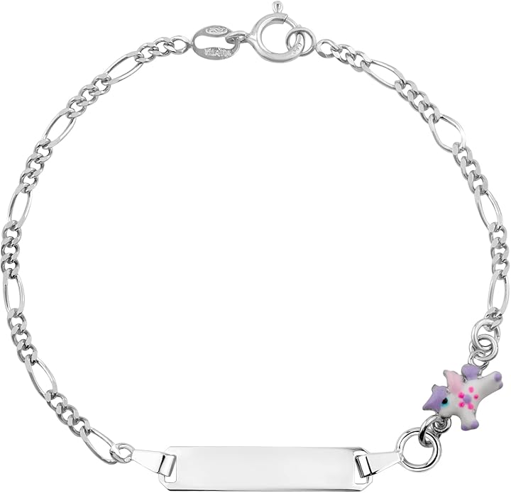 UNICORNJ 925 Italy Sterling Silver Child or Baby Name Bracelet Girls Boys, Personalized Engraved Kids ID Bracelets, 6.5" Figaro Chain, Enamel Charm Newborn Infant Toddler Kid Jewelry