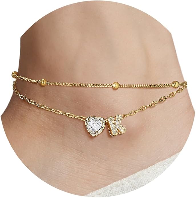 FindChic Silver/14K Gold Plated Layered CZ Initial Ankle Bracelet for Women | Waterproof Stainless Steel, Cubic Zirconia Letter Charm, Non-Tarnish, Hypoallergenic, Adjustable Extender, Summer Jewelry