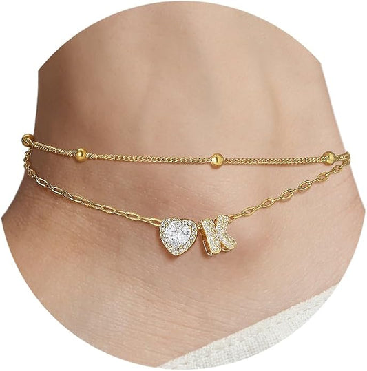 FindChic Silver/14K Gold Plated Layered CZ Initial Ankle Bracelet for Women | Waterproof Stainless Steel, Cubic Zirconia Letter Charm, Non-Tarnish, Hypoallergenic, Adjustable Extender, Summer Jewelry