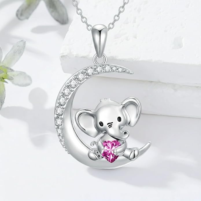 PROESS Animal Birthstone Necklace 925 Sterling Silver Otter/Axolotl/Hippo/Elephant/Dachshund/Monkey/Red Panda Pendant Necklace Animal Birthstone Jewelry Gifts for Women