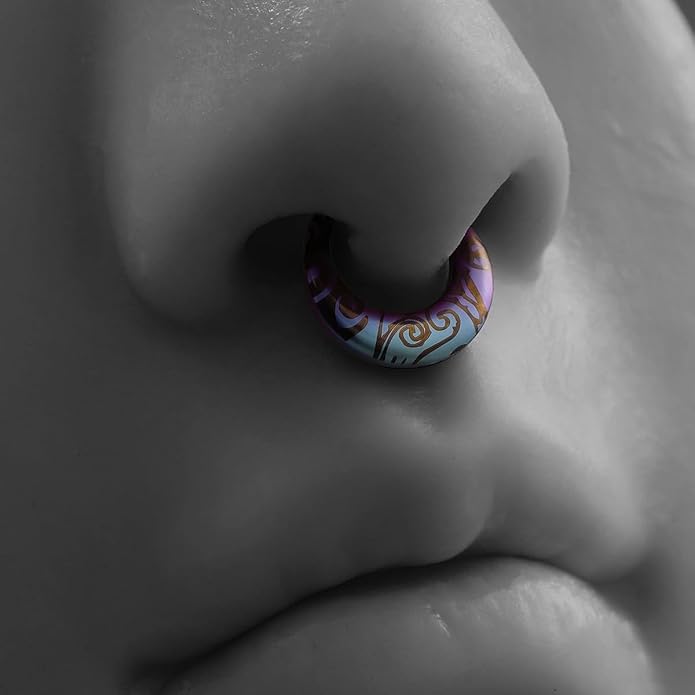 PUNKYOUTH 16G Titanium Septum Clicker Iridescent Hoop Piercing Jewelry for Women Men Minimalist Futurism Cyber Gothic Style for Alternative and Everyday Wear