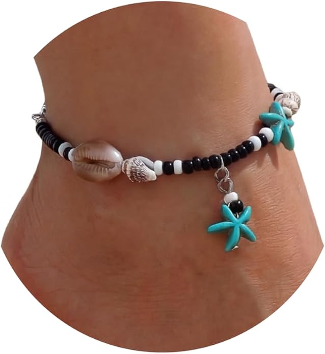 Fesciory Beaded Ankle Bracelets for Women, Boho Shell Anklet Set with Starfish Conch Seashell, Adjustable Hawaiian Summer Beach Foot Jewelry Fashion Gift