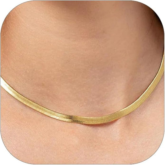 FOCALOOK 14K Gold Plated Necklaces for Women, Fashion Herringbone Choker Necklace Stainless Steel Flat Snake Chain 3/5MM(W) 12.5"/15"/18"+3.5"(L)