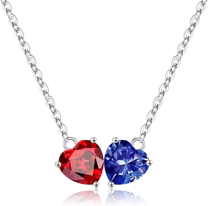 Iefil 1.25Ct Double Heart Birthstone Necklace - 925 Sterling Silver Birthstone Necklace, Birthday Gifts for Women, Jewelry Gifts for Mom Daughter Wife