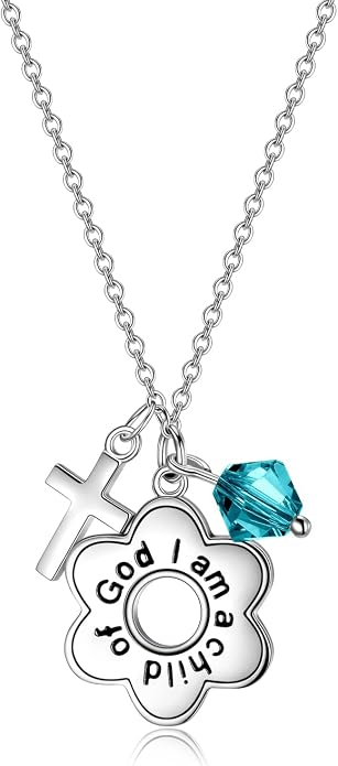 AOBOCO 925 Sterling Silver I Am a Child of God Daisy Necklace Jewelry Birthday Birthday Baptism Communion Gifts for Girls