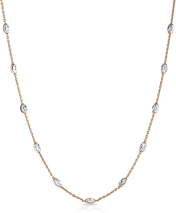 Savlano 18K Gold Plated Over 925 Sterling Silver Station Oval Moon Bead Necklace Chain For Women. Silver, Gold, Rose Gold - Made in Italy Comes With a Gift Box