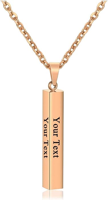 PiercingJ 4 Side Engraving Personalized Custom Message Name Bar Necklace Stainless Steel Pendant Chain for Men Women Valentine's Day Gift Box
