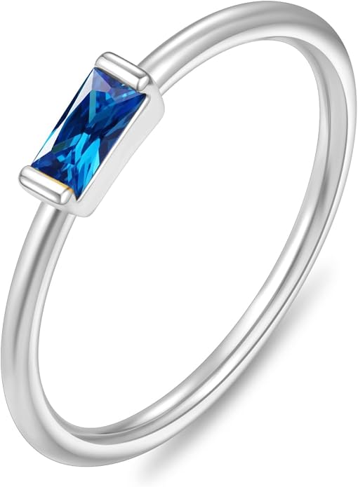 RLMOON Birthstone Rings for Women Non Tarnish Gold Stackable Rings Dainty 14K Gold/Silver Plated Baguette CZ Emerald Green Pinky Ring Personalized Jewelry Gift for Birthday Size 4-10
