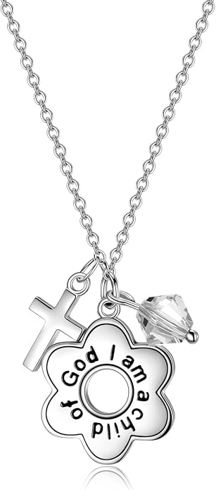 AOBOCO 925 Sterling Silver I Am a Child of God Daisy Necklace Jewelry Birthday Birthday Baptism Communion Gifts for Girls