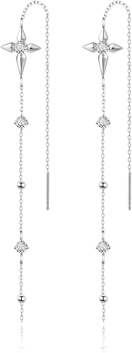 Moissanite Threader Earrings for Women - 925 Sterling Silver 0.6CT 3.0mm Moissanite Dangle Drop Earrings Long Chain Earrings Jewelry Gifts