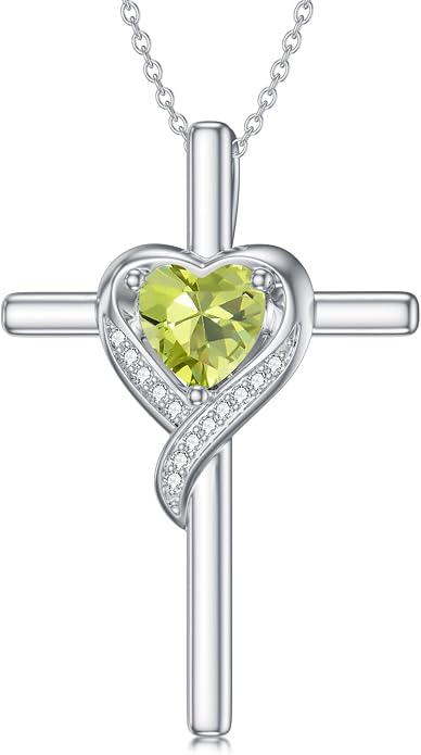 TOUPOP Birthstone Cross Necklace for Women 925 Sterling Silver Heart Cross Pendant Necklace Mothers Day Birthday Jewelry Gifts for Mom Wife Her