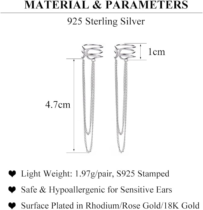 SLUYNZ 925 Sterling Silver No Piercing Cuff Earrings Chain for Women Wrap Earrings Tassel Clip On Ear