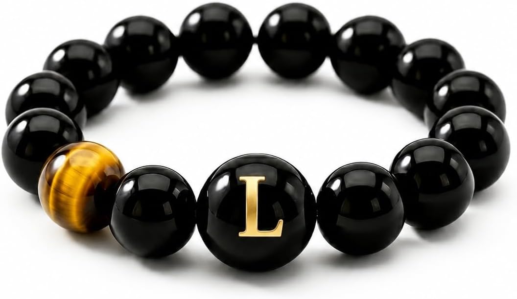 Initial Ring for Women, Black Onyx Beaded Stretch Letter Ring | Personalized-style A-Z initial ring with black onyx beads, shell letter bead, stretch fit, and gift-ready box