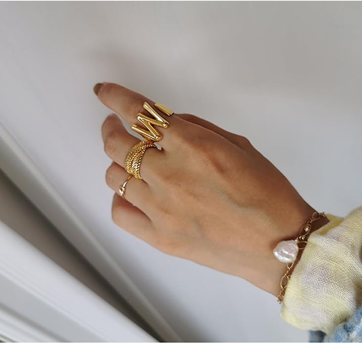 KeyStyle Bold Initial Letter Rings Adjustable, GoldChic Jewelry Women Gold Statement Ring Personalized Engraved Women’s Open Signet Ring for Party (Gold, White Gold, Black)