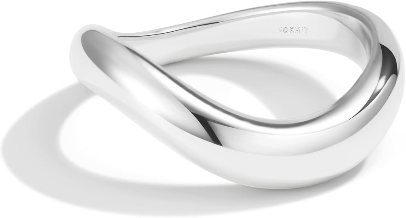 NOKMIT Chunky Wavy Dome Rings for Women, 14K Gold Filled Thick Curved Band | Statement Bold Wave Band | Stackable Thumb Ring | Hypoallergenic & Non-tarnish | Comfort Fit Size 6-10