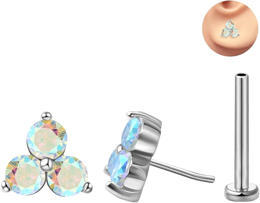 FANSING Cartilage Earring Tragus Stud Trio CZ Stone Flat Back Earring for Helix Conch Threadless Push Pin Labret Stud