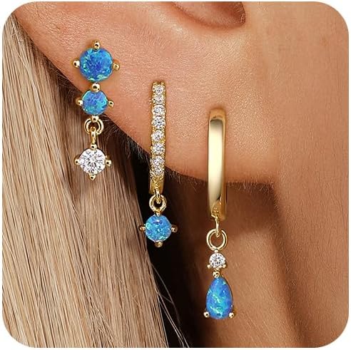 Angelady Opal Earrings Set for Women, Hypoallergenic S925 Sun Stud Earring for Sensitive Ears, Dainty Hoop Huggie Silver Opal Dangle Earring Stacks, Blue Earrings for Women Trendy 2025