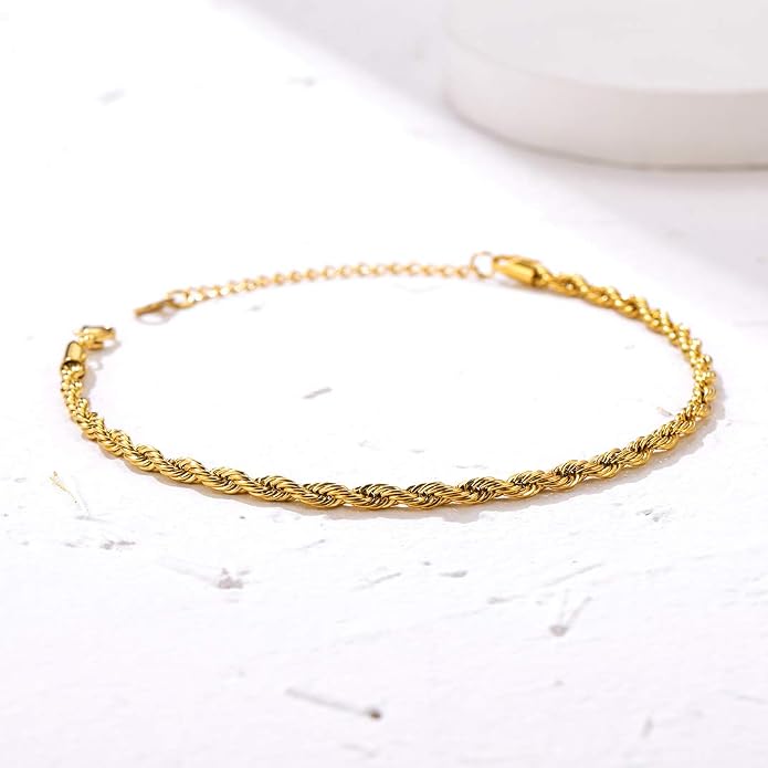 GoldChic Adjustbale Link Chain Anklet for Women Summer Jewelry, 316L Stainless Steel Figaro/Wheat/Twist Rope/Cuban Foot Bracelet-Waterproof, Resizable 9"-12" (Gift Box Included)