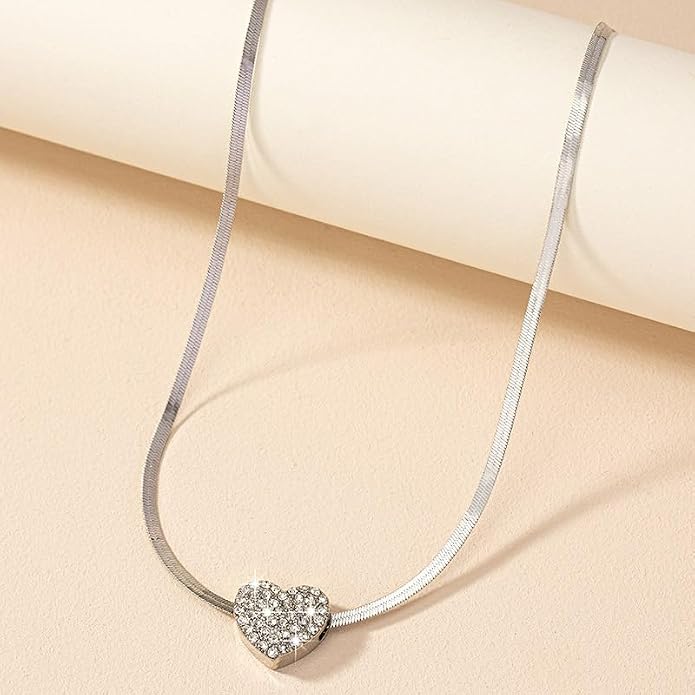 Heart Pendant Herringbone Choker Necklace For Women Gold Silver Options Crystal Pave Charm Adjustable Layering Style Minimalist Chic Everyday Wear