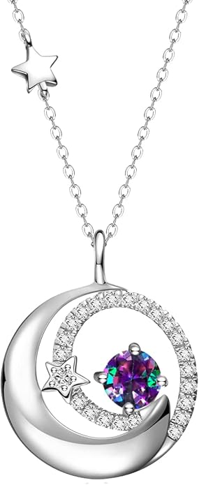 FANCIME Birthstone Necklaces 925 Sterling Silver Moon and Star Pendant Fine Jewelry Birthday Mothers Day Gifts for Mom Wife Her Daughter, Adjustable Chain 16+2"