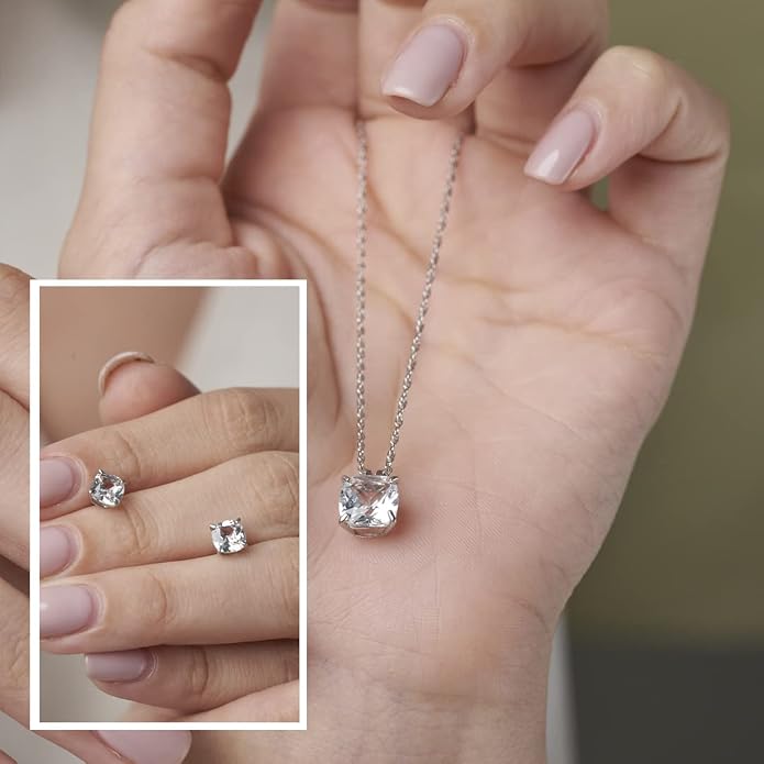 MAX + STONE 14k Gold Plated or Sterling Silver Cushion Cut Gemstone Stud Earrings and Pendant Necklace for Women with 6mm and 8mm Birthstones 18 Inch Chain and Push Backs Jewelry Set