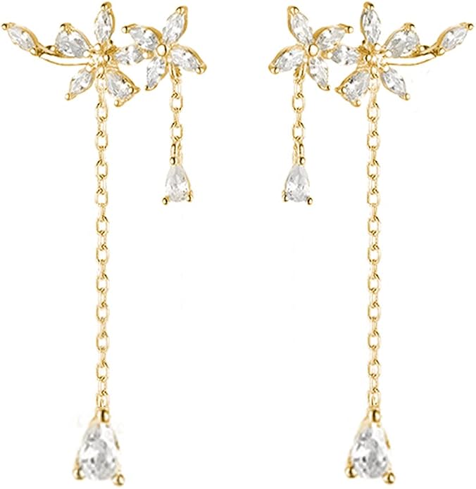 SLUYNZ 925 Sterling Silver Dainty CZ Flowers Wrap Earrings Dangle Chain for Women Elegant Dangling Earrings Bridal Earrings Wedding Engagement Drop Earrings Prom Engagement Party Jewelry