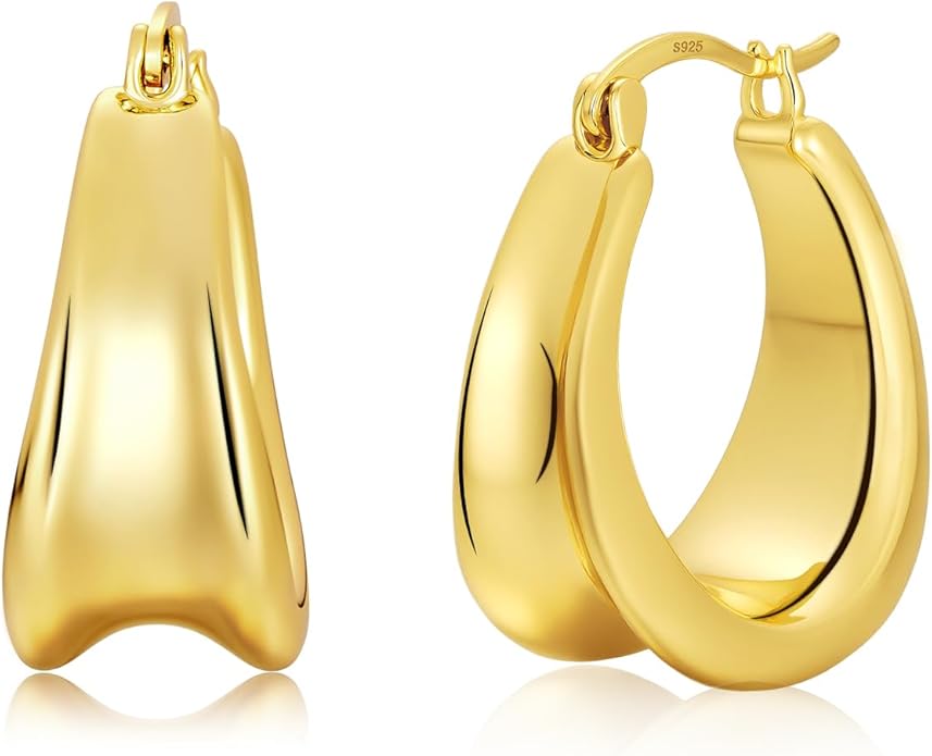 Chunky Hoop Earrings for Women, Small Hypoallergenic Earrings with S925 Silver Posts, 18K Gold & White Gold Plated Non Tarnish Classic Trendy Jewelry for Gift