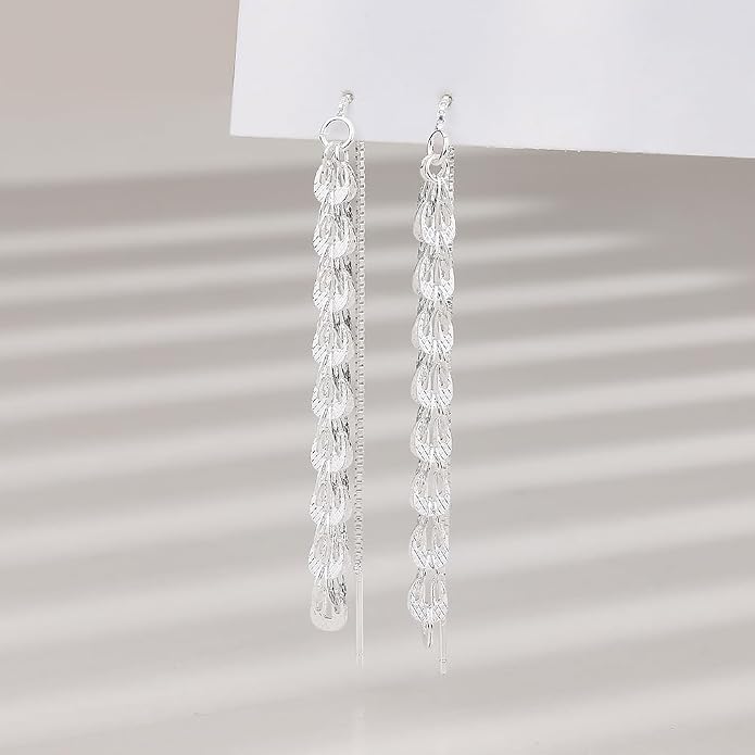 925 Sterling Silver Tassel Chain Dangle Earrings for Women Sparkling Long Fringe Dangle Drop Earrings Bling Line Minimalist Wedding Studs Earring Jewelry Birthday Christmas Gifts for Her