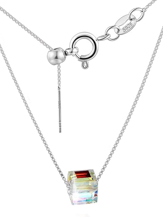 HANGINTHERE 925 Sterling Silver Crystal Necklace for Women, Universal Adjustable, 18-23.6 in,0.8 mm Box Chain, Mother's Day Gifts for Her