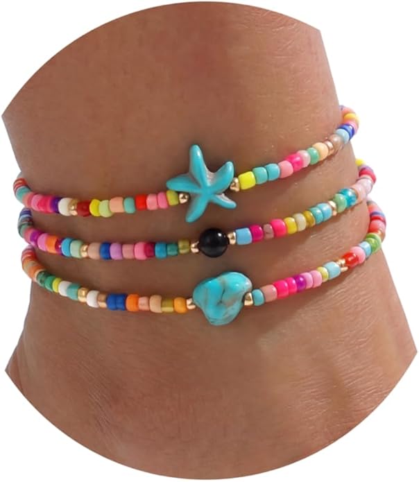 Fesciory Beaded Ankle Bracelets for Women, Boho Shell Anklet Set with Starfish Conch Seashell, Adjustable Hawaiian Summer Beach Foot Jewelry Fashion Gift
