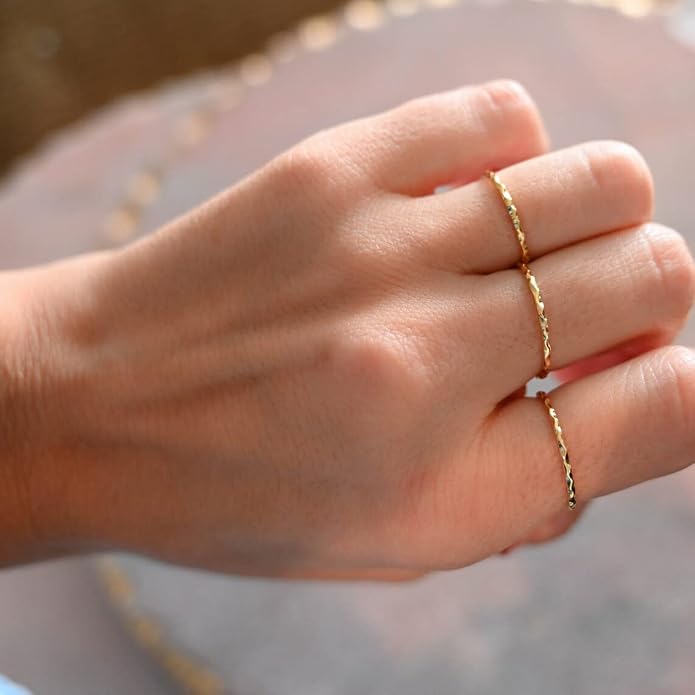 Me&Hz Gold Stackable Rings Thin Band Rings Dainty Gold Rings for Women Trendy Beaded Twist Hammered CZ Stacking Rings 14K Gold Plated Rings for Teen Girls Midi Knuckle Pinky Finger Jewerly