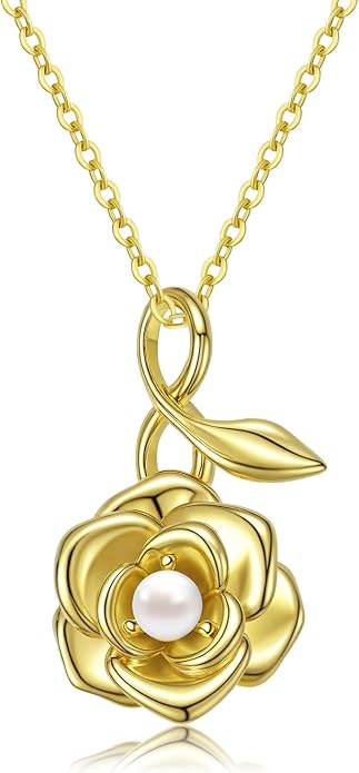 Birth Flower Birthstone Necklace for Women: Solid 925 Sterling Silver 14K Gold Plated Hypoallergenic Non-tarnish, Birth Month Flower Necklace Personalized Birthday Gifts for Wife Girlfriend Daughter