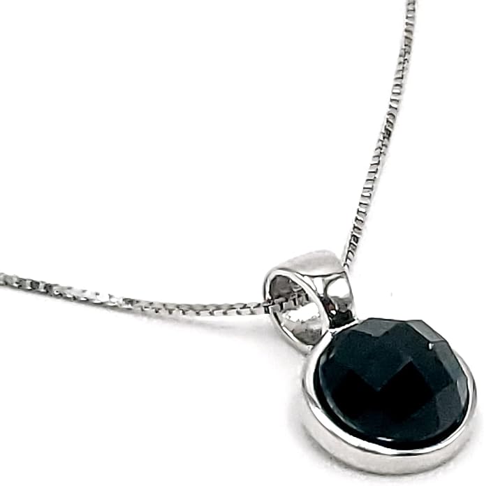 Natural gemstone 8mm round pendant with white gold over 925 sterling silver bezel cabochon plate and box chain, real genuine dainty birthstone gift for her, uniquelan jewelry