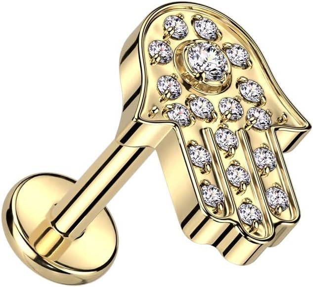 Pierced Owl 16GA F136 Implant Grade Titanium Internally Threaded CZ Crystal Paved Hamsa Top Flat Back Labret Stud