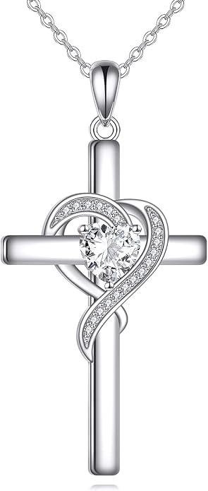 Cross Necklace for Women 925 Sterling Silver Infinity Love Heart Birthstone Pendant Necklace Cross Birthday Jewelry Gifts for Her