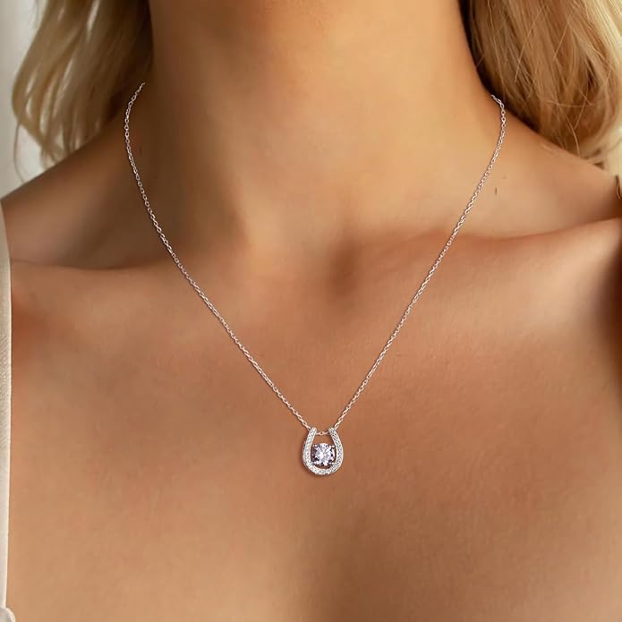 925 Sterling Silver Horseshoe Necklace for Women Round Gemstone Birthstone Necklace Sapphire/Emerald/Ruby/CZ Horse Shoe Pendant Necklaces Jewelry Gift